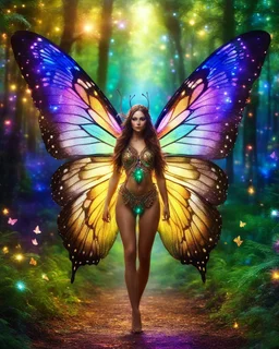 Full body Gorgeous Photography Realistic Natural Beautiful butterfly girl straddle wings with shiny brown flowing hair, glitter colorful butterfly wings, lovely glowing green eyes, surrounded by magical colorful forest and flickering lights, digital photography, kaleidoscope, vibrant colors, vivid colors, colorful, she walk in magic forest