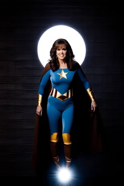 dark brown wood panel background with an overhead spotlight effect, Marie Osmond wearing a superhero costume, full color -- Absolute Reality v6, Absolute reality, Realism Engine XL - v1