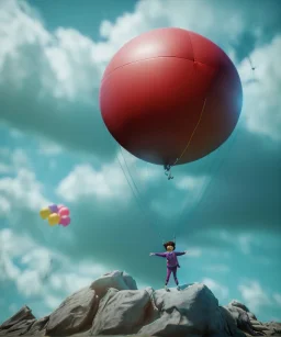 Ultra realistic thriller sky scene, portrait, Childs free jumping flying with trinkets, smile, happy, Wes Anderson style, inflatable color clothing, wind, clouds sea, 20,000 feet altitude, stratosphere, soft color, highly detailed, unreal engine 5, ray tracing, RTX, lumen lighting, ultra detail, volumetric lighting, 3d, finely drawn, high definition, high resolution.