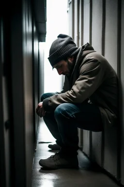 someone crouched in a corner in the cold