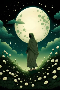 Al-Mahdi walks from behind, and does not show his face, and on his head is a shawl, holding a generator, and does not show his face to the sky. He is in a flower garden, and the sky has stars and clouds, and the sky