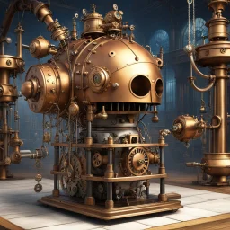 Behold the magnificent contraption of Professor Blockhead's latest invention, a delightfully absurd steam-powered cranium that whirs and clicks with the desperate enthusiasm of a broken carousel! The poor fellow clutches his mechanical head in theatrical dismay, his excited grin frozen in perpetual amazement as copper pipes and brass gears sputter and hiss,