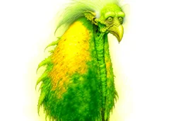 Artist Jean-Baptiste Monge style. A biomorph banana-headed old woman. White eyes. A yellow dotted green furry feathered fluffy dress.