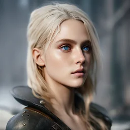 Prhotorealistic close-up of a beautiful blonde warrior with dystopian clothes and background