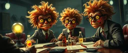 high class realism, the board in the style of fallout 4, A really close up portrait of one person individually mutated with hairy wigs glowing, messed up uranium creatures in a dimly lit boardroom, wearing tiny suits and glasses, with playful but slightly mischievous expressions. The room is filled with scattered papers, glowing vials, and miniature nuclear reactors. Style: whimsical digital illustration, cinematic lighting, colorful