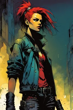 create a hardened punk biker girl in the comic book art style of Mike Mignola, Bill Sienkiewicz and Jean Giraud Moebius, , highly detailed,, grainy, gritty textures, , dramatic natural lighting