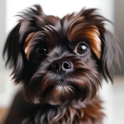 short dog with dark brown fur, dark brown eyes