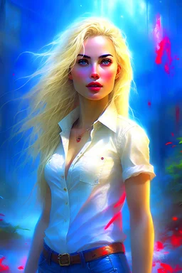 {Stunningly gorgeous woman with long blonde hair, wearing tight jean shorts and a white top, bright blue eyes} highly detailed, dynamic pose, park in the background, intricate motifs, organic tracery, perfect composition, warm dreamy tones, digital painting, artstation, concept art, smooth, sharp focus, illustration, Carne Griffiths, pixar, Michael Garmash, Frank Frazetta, Victo ngai, Jean Baptiste Monge, shiny aura