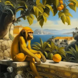 Neoclassicism realistic yellow orange cote d'azur little monkey landscape sea