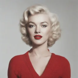 marilyn monroe, braids,, in a red sweater, v collar,, white background