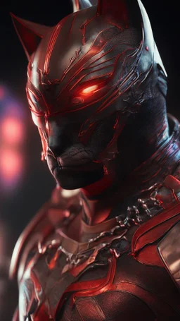 Iconic Cat-Man, Glowing red and silver, ultra-detailed armor, eye mask cat, dynamic shot, richly saturated colors, full stature, cinematic atmosphere, Octane rendering, hyper-realistic, unparalleled detail, 8K , concept art, physically based rendering, intricate textures, subsurface scattering, timeless masterpiece, AI enhanced, GAN, ray tracing, depth of field, neural network,