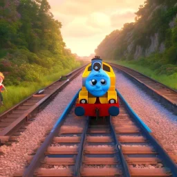 child getting chased by Thomas the Train