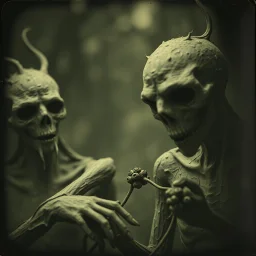 Daguerrotype close up of some mysterious figures, odd background, cinematic, Hieronymus Bosch, Max Ernst vegetal life, rotten, ambient light, cry