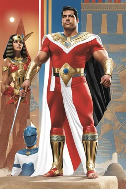 Super hero . An Egyptian wears an Egyptian Superman in an advanced suit. In red colour. And white. And black. . And his pharaoh's armor is advanced