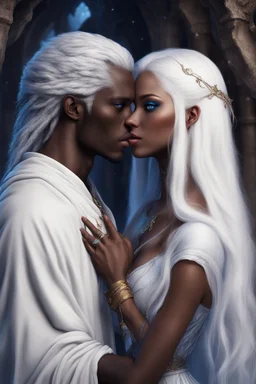 young dark-skinned sorceress with blue eyes and straight long snow-white hair, kissing her betrothed white man