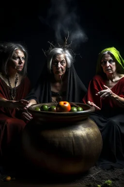 The three witches from macbeth sitting around a streaming cauldron, one dressed as lady macbeth offering a crown, the middle one dressed as a Spanish gypsy offering herself and the last one naked apart from a fig leaf in her lap holding out an apple