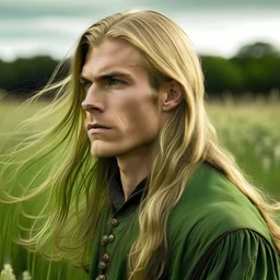 male, soft facial features, long blonde hair, green tunic, on a field, drawn