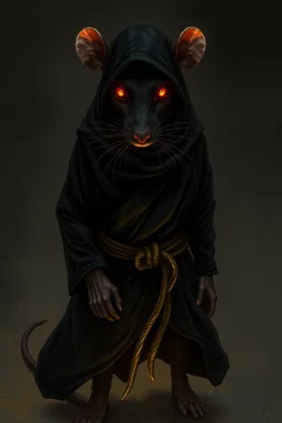 the yoga rat man, big black iris eyes with yellow glints, ou’re looking at someone who doesn’t just walk into shadows—they belong to them. The black robes cling like a second skin, the belt tied tight with gold thread that catches the light only when he moves. His face is wrapped, but not hidden—his eyes glow like embers, red and steady, as if he’s already seen what waits inside the cave. The tail curls behind him, not in fear, but in readiness. He doesn’t need a torch, because the darkness