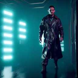 Actor, tom hardy, blade runner style, rain, fog, neon ambient, gradient color, clean skin, circuits, latex coat, cyber punk, neon, tubes, portrait, photo studio, unreal engine 5, smooth color, 16 bit, god lights, ray tracing, RTX, lumen lighting, ultra deatail, volumetric lighting, 3d, finely drawn, hd.