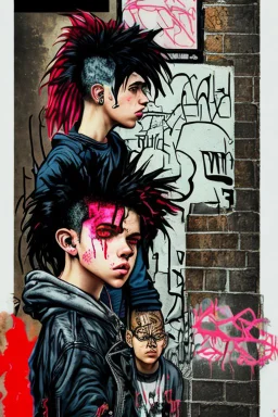 Act like a book cover designer. Use graffiti style. Three teenagers (13-15 years old) with a grimy black cat. Two boys- redhead, chubby, low, skinny, high, neutral emotion. The punk girl with black hair. In background punk rocker with red mohawk. Enviroment: old town.