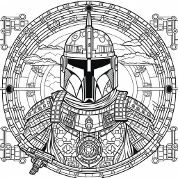 line work, coloring book, boba fett, mandala, black and white, thick lines, vector file