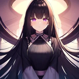 Clear focus,High resolution, Black long fluffy hair, long bangs, and purple eyes, Depressed girl