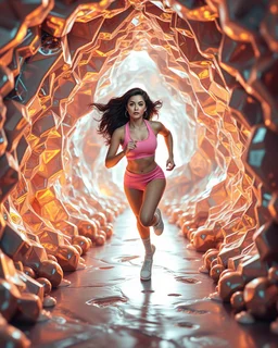 make a picture pretty cave made of crystal and metallic 3d fractal recursive cubic and sphere base structures and a beautiful fashion model lady with cute,curvy long hair,makeup, in pretty sports suit is running inside cave ,dynamic camera fallow her inside cave capturing full body, dynamic lights.