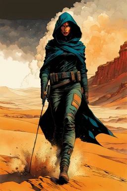 create a fine art print full body illustration of a rugged gritty, roughly textured, hooded, black clad and dusty Fremen female mercenary with highly detailed feminine facial features, amidst the billowing desert storms of Arrakis, in the comic book art style of Bill Sienkiewicz, and Jean Giraud Moebius, finely textured, drawn, colored, and inked,