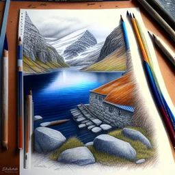 Colored pencil drawing. Norwegian lancscape. Realistic, professional. no background, white paper.