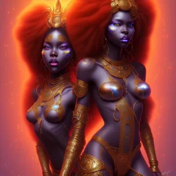 sango fantasy, fantasy magic, intricate, sharp focus, illustration, highly detailed, digital painting, concept art, matte, masterpiece head sexy lady body black African beauty space lady black leopard skin one head African afro sun, neon color scheme, high key lighting, volumetric light high details psychedelic background