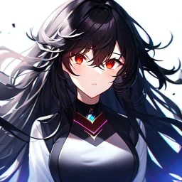 girl, masterpiece, best quality, volumetric lighting, dynamic pose, detailed outfit, perfect eyes, black hair, red eyes, messy hair, long hair, neon,