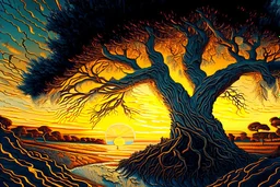 Great landscape, nature at sunset, Paradise Lost, spiritual, surreal, trees, fine art, tan skin, Vincent Van Gogh style, highly detailed, smooth, very sharp focus, illustration, bathing in light, ultra realistic illustration, close-up