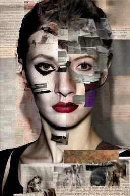 A collage about anxiety experienced by a beautiful woman, focus point of image, distant faces, ghosts, ripped pieces is newspaper clippings, suffocating, abstract, chaos, epic photo, sharp on highly detailed skin with wrinkles and high contrast, photorealistic, 4K, 3D, realism, hyperrealism, detail, good lighting, detailed texture, modern photography style, 3D, 4D, 4K