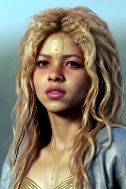 Shakira artist, Realistic image, natural waist up portrait, natural busty , perfect eyes, glow, circle iris, eye liner. spray line make up, glow. lips, gold. big rings piercing, led ornament. coat, vibrant color, highly detailed, art stations, concept art, smooth, unreal engine 5, god lights, ray tracing, RTX, lumen lighting, ultra detail, volumetric lighting, 3d, finely drawn, high definition, 4k.