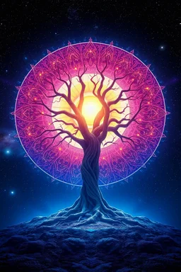 acient tree growing out of a bright glowing mandala, uv reactive colors, maximalist 3d matte masterpiece, round composition, galaxy in background
