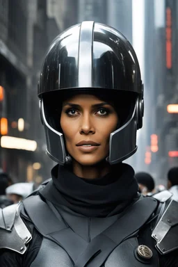 The streets of Mega City One were alive with the constant hum of activity, but in the midst of the chaos, a figure stood tall and resolute. Halle Berry, clad in the iconic helmet of a Judge, commanded attention as she surveyed the sprawling metropolis. The helmet, a symbol of authority and unwavering justice, rested firmly on Berry's head, obscuring her features but amplifying the aura of power that surrounded her. The citizens of Mega City One couldn't help but be drawn to her presence, instinc