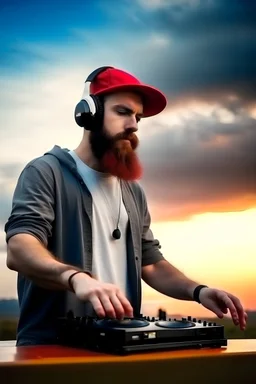 bearded man with cap, DJ play records color sky background