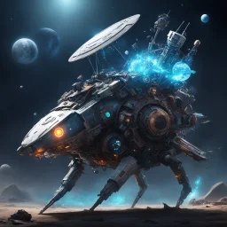 a creature made of liquid with a hat made of space debris, fragments of wreckage, essential parts, and salvaged components