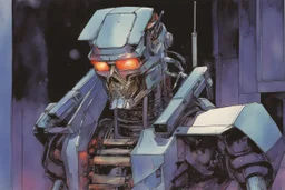 retro anime style, full color, dark serious 1980s anime terminator like robot, moebius artist, magic, watercolor,