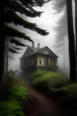 foggy forest house