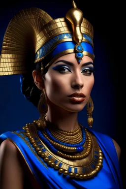 a woman in a blue and gold outfit with a crown on her head, cleopatra portrait, beautiful cleopatra, egyptian princess, egyptian, cleopatra, pharoah, pharaoh, egypt god, portrait of cleopatra, wind egyptian god, highly detailed character, nefertiti, egyptian god, storm egyptian god, ancient egyptian, goddess. extremely high detail, ancient libu princess