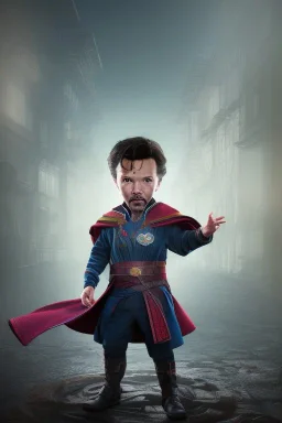 Doctor strange toddler, serious, portal, full body, jump, bokeh, hyper realistic