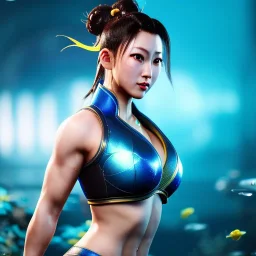 Chun-li underwater with yellow flowers for hair rtx, reflection, 8k, glow, winning photography, caustics