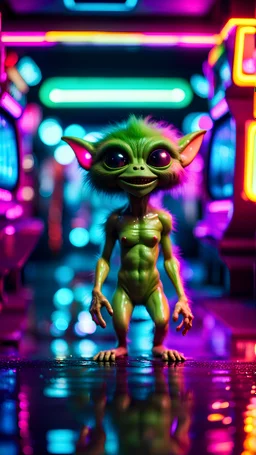 sexy stunt furry hairy alien gremlin in telephone both parked in dark neon lit reflective wet arcade hall tunnel,bokeh like f/0.8, tilt-shift lens 8k, high detail, smooth render, down-light, unreal engine, prize winning