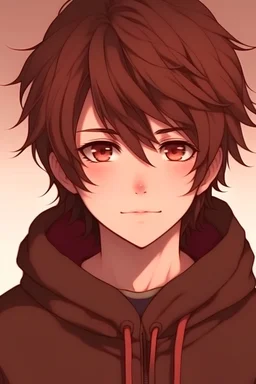 Anime boy, brown hair, brown sweater, red eyes