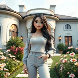 A 3D render of a cute, lovely lady with modern clothing is posing in yard of a luxury villa next to flowers. High-quality CGI, octane render, 8k resolution, whimsical, adorable, clean composition. long shot ,4:3