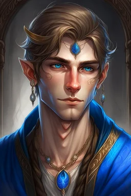 a wealthy half-elf young man with pointy ears and blue eyes, wears lots of jewelry, kind face