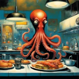 Surreal anthropomorphic Octopus as a short order cook in a greasy spoon diner kitchen, hamburgers, fries, hot stove, by Dave McKean, by Tim White, by Aaron Brooks, modern comic book art, maximalist, palpable textures, distressing hues, McKean's distinctive visceral style, detailed line work, rich sharp colors.