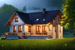 Beautiful traditional German house, made of stone and with a beautiful terrace that offers beautiful views, photo realistic. Beautiful and charming house. Realistic. Perfect Photo. Rainy day