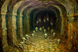 A purple catacombs with crawling spiders painted by Vincent van Gogh